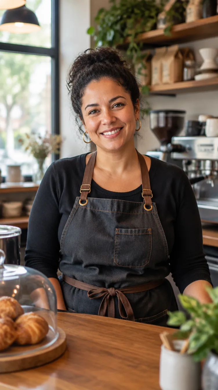 Imagem-chave da cena 1: barista sorrindo no balcão da cafeteria.