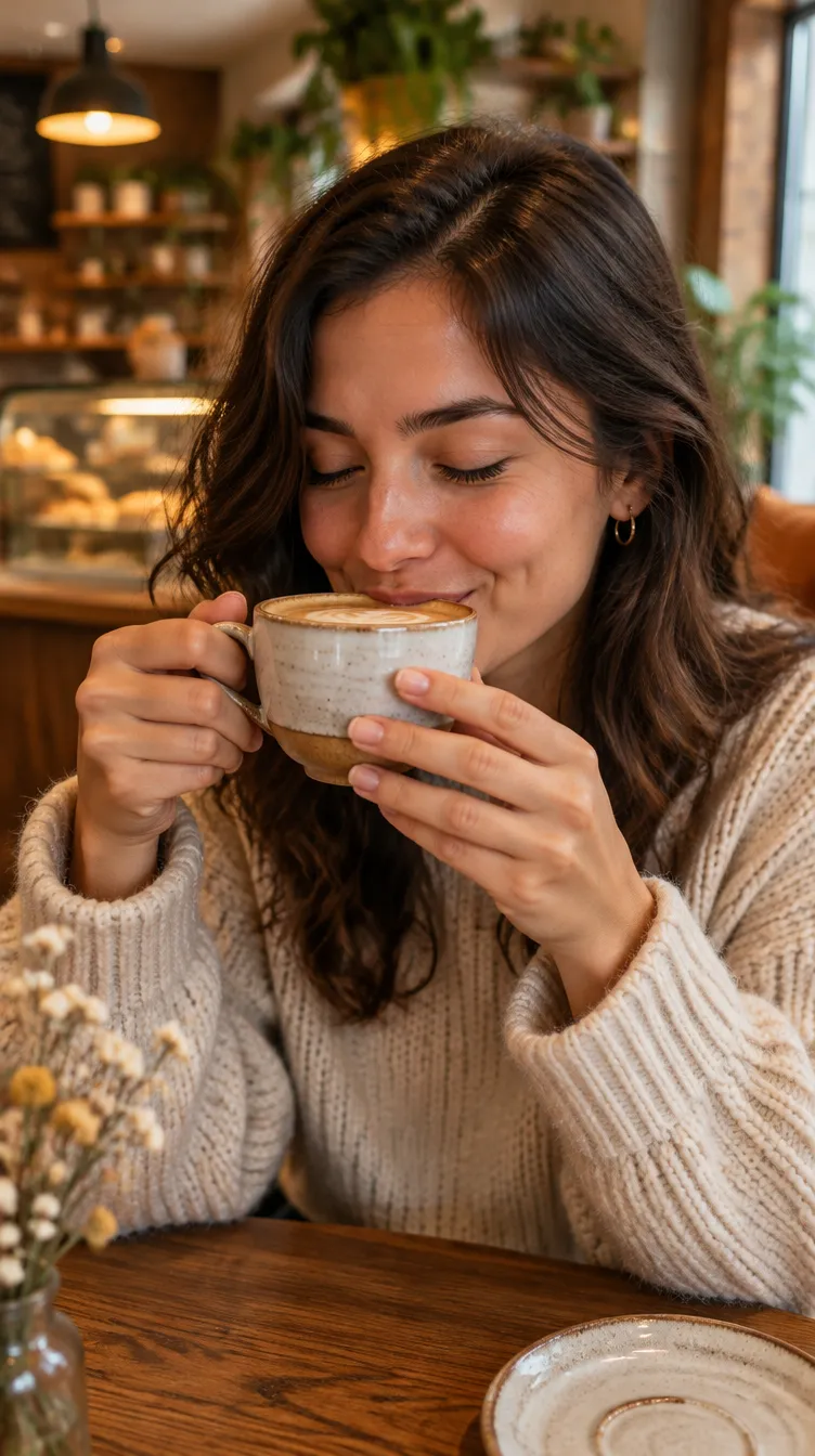 Imagem-chave da cena 5: cliente provando o café.